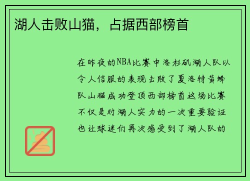 湖人击败山猫，占据西部榜首