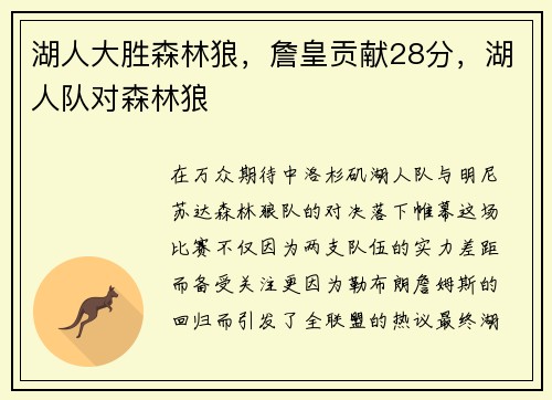 湖人大胜森林狼，詹皇贡献28分，湖人队对森林狼