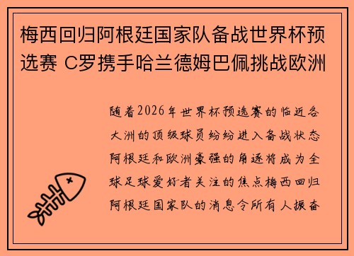 梅西回归阿根廷国家队备战世界杯预选赛 C罗携手哈兰德姆巴佩挑战欧洲豪强