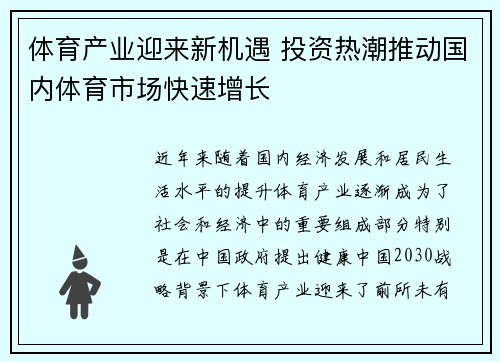 体育产业迎来新机遇 投资热潮推动国内体育市场快速增长