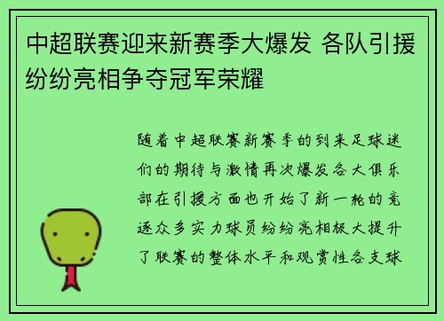 中超联赛迎来新赛季大爆发 各队引援纷纷亮相争夺冠军荣耀