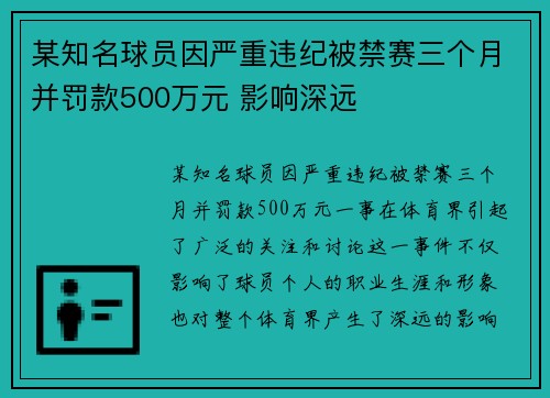 某知名球员因严重违纪被禁赛三个月并罚款500万元 影响深远