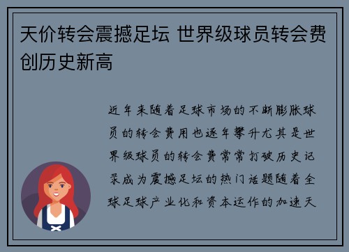 天价转会震撼足坛 世界级球员转会费创历史新高