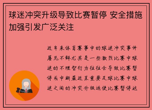 球迷冲突升级导致比赛暂停 安全措施加强引发广泛关注